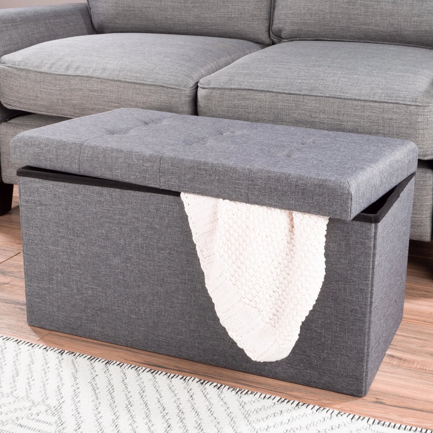 30 Inch Folding Storage Ottoman Bench with Detachable Bin Gray