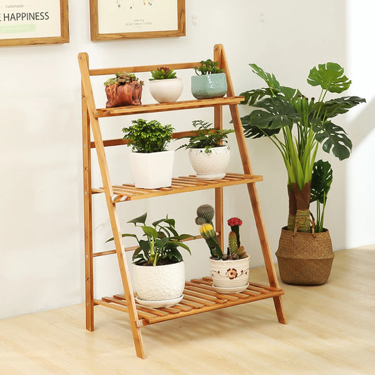 3 Tier Foldable Bamboo Plant Stand Indoor Outdoor Organizer Shelf