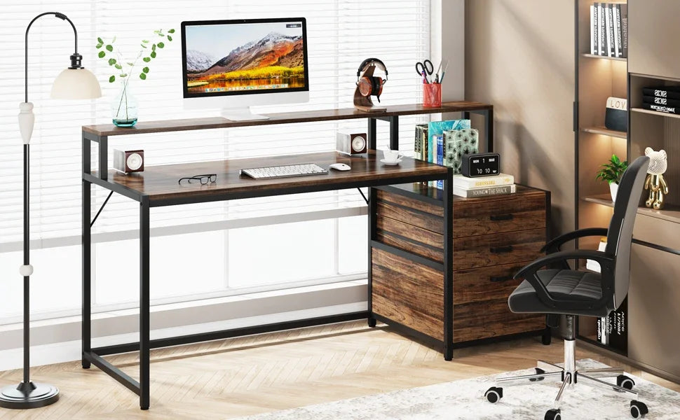 Ljustra 63 Inch Ergonomic Computer Desk with File Drawer Cabinet