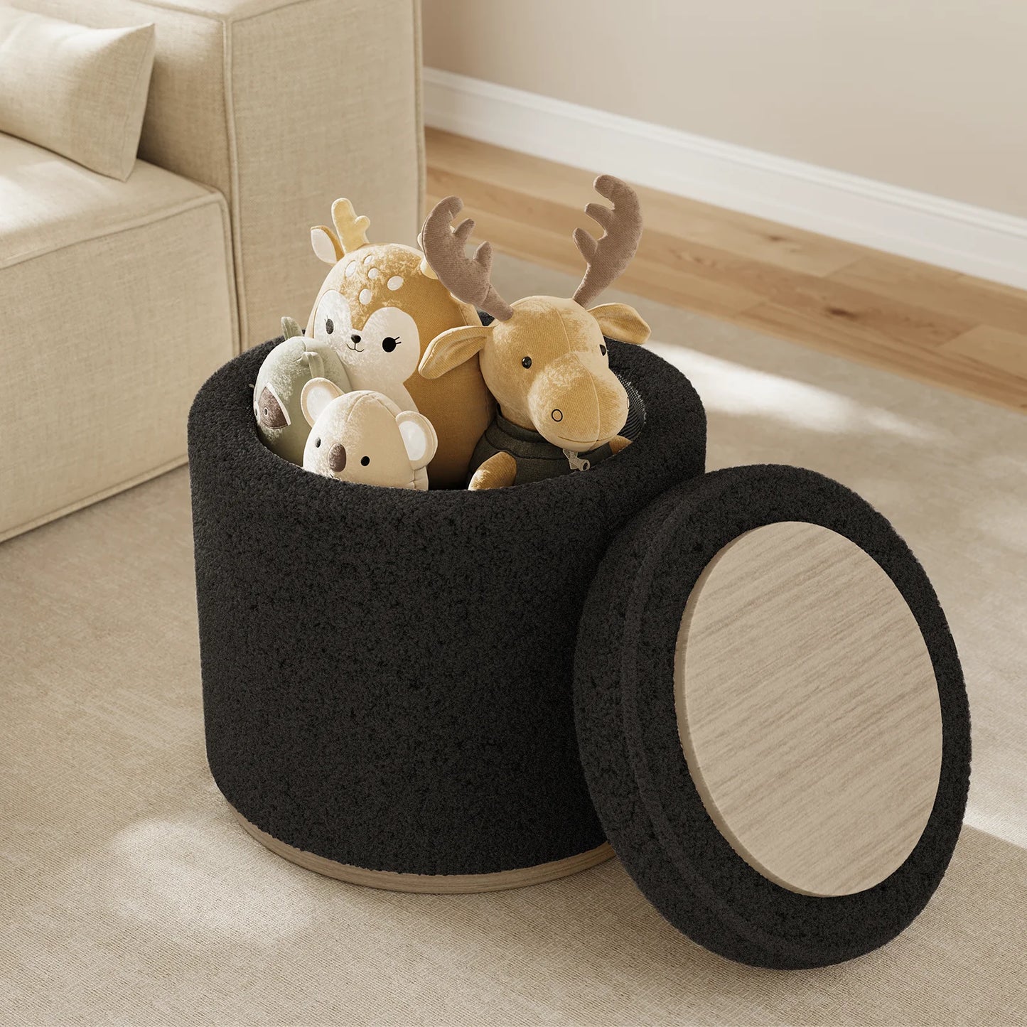 Round Storage Ottoman with Tray Vanity Stool Footrest Coffee Table