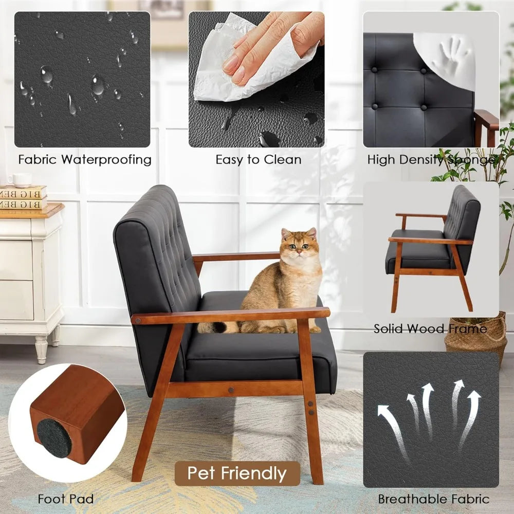 Black Small Leather Couch Mid Century Loveseat Office Booth Seating