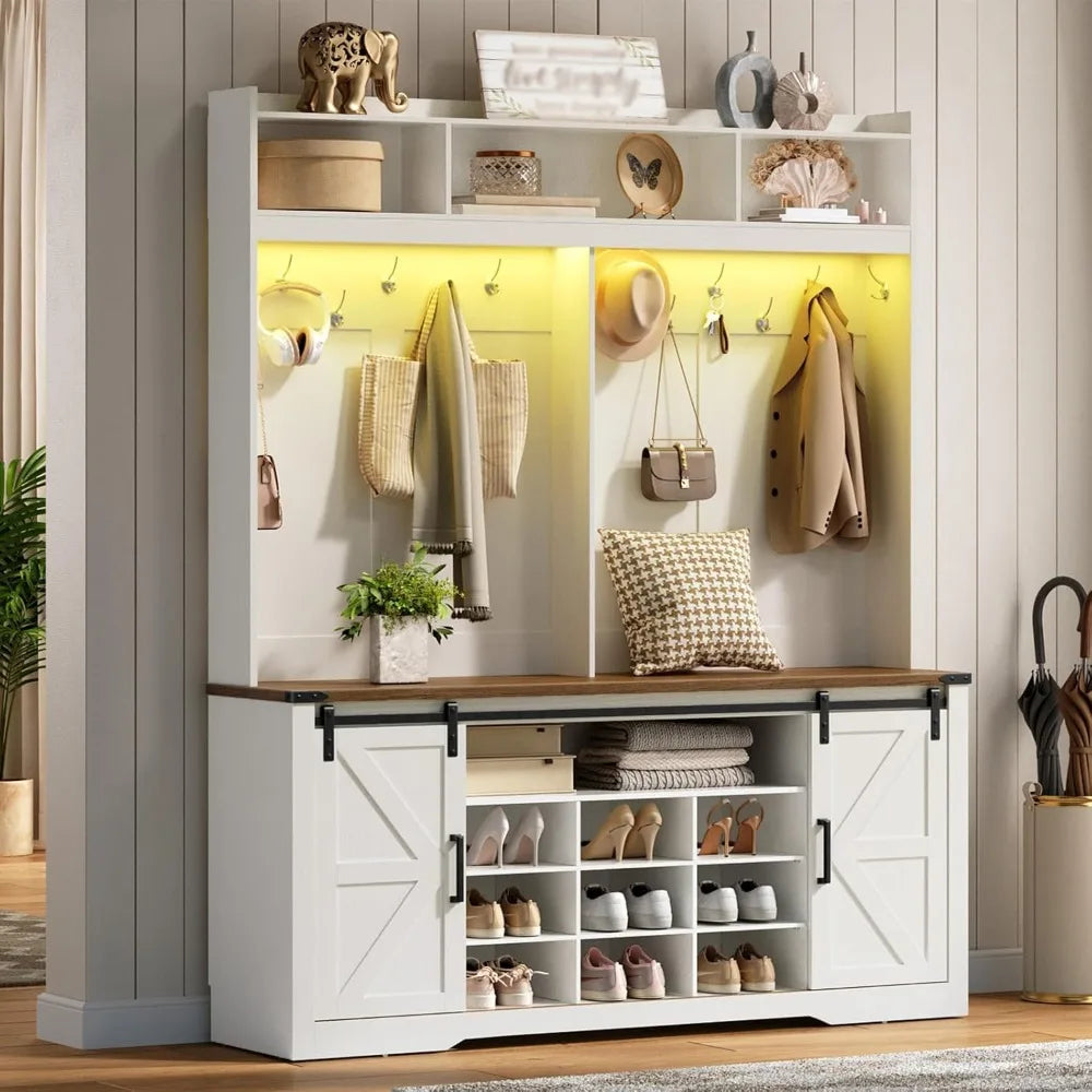 Farmhouse 58-Inch Entryway Hall Tree with LED Lighting Storage Bench