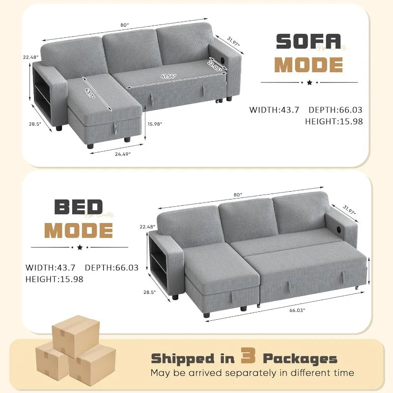 80 Inch Sleeper Sofa Couch with USB Charging Ports and Bookshelves