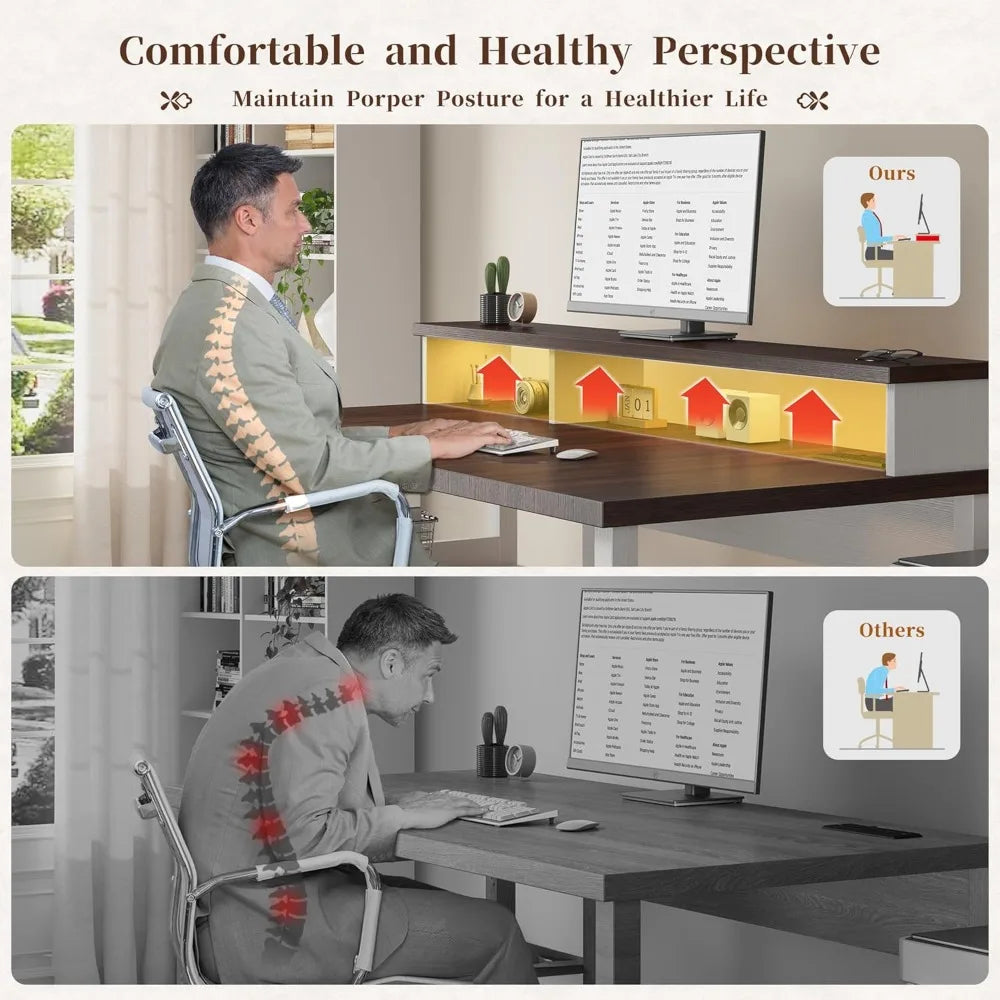 63 Inch Farmhouse Computer Desk with Drawers LED Lights Shelves