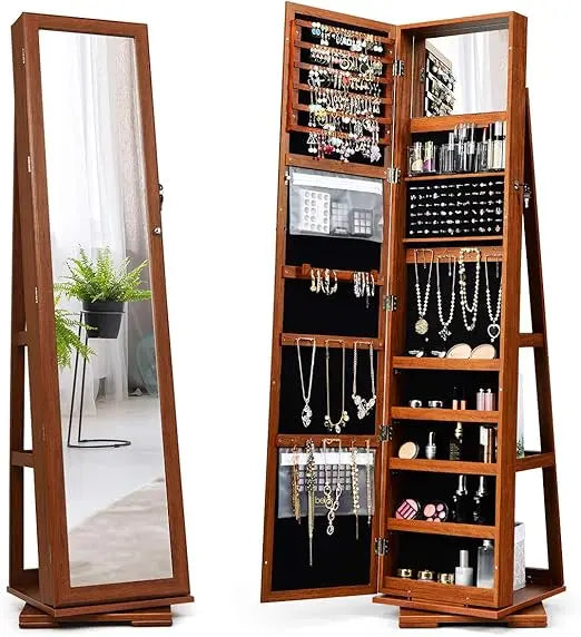 360° Swivel Jewelry Armoire Full Length Mirror Lockable Cabinet Organizer