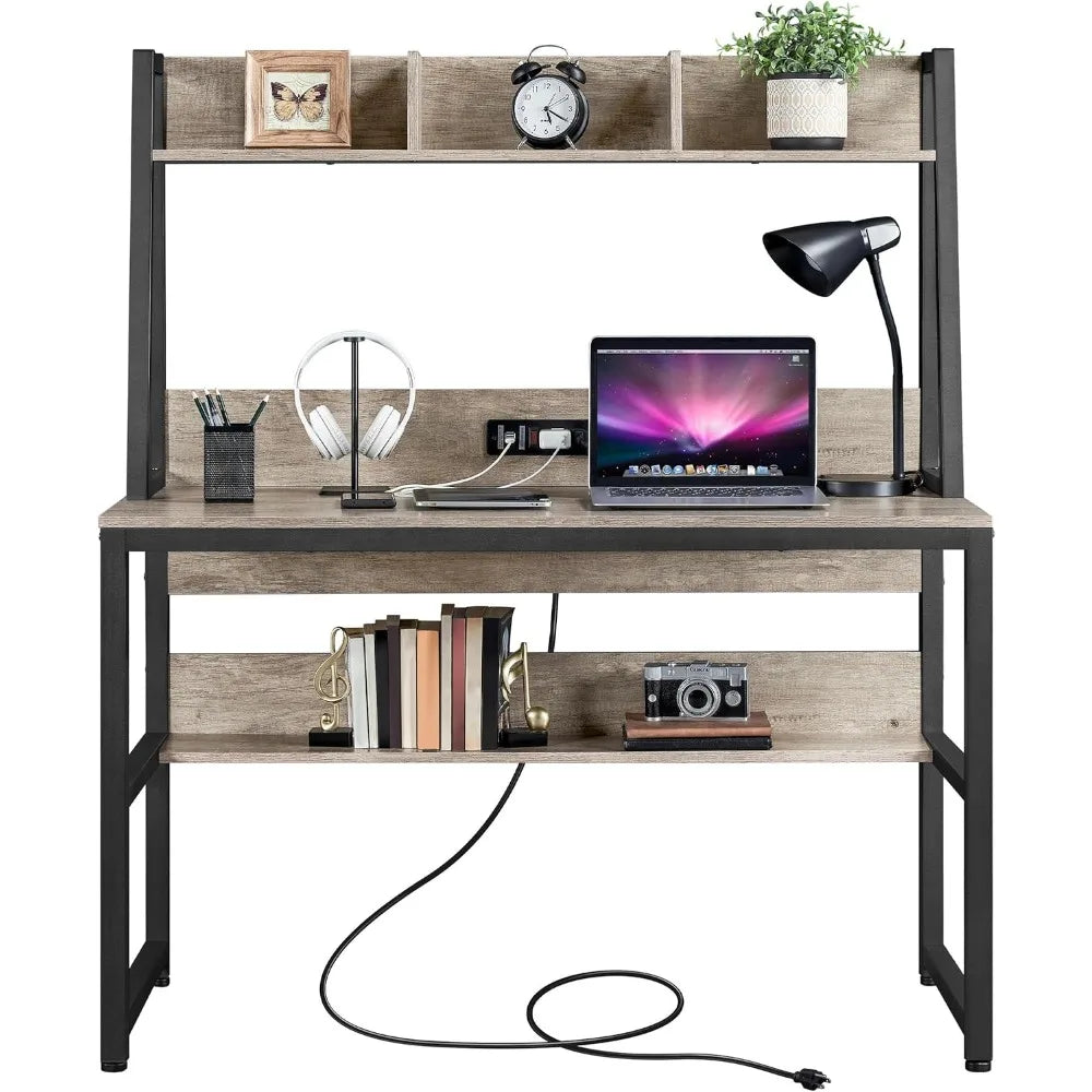 Home Office Writing Desk with USB Ports Power Outlets Compact Storage