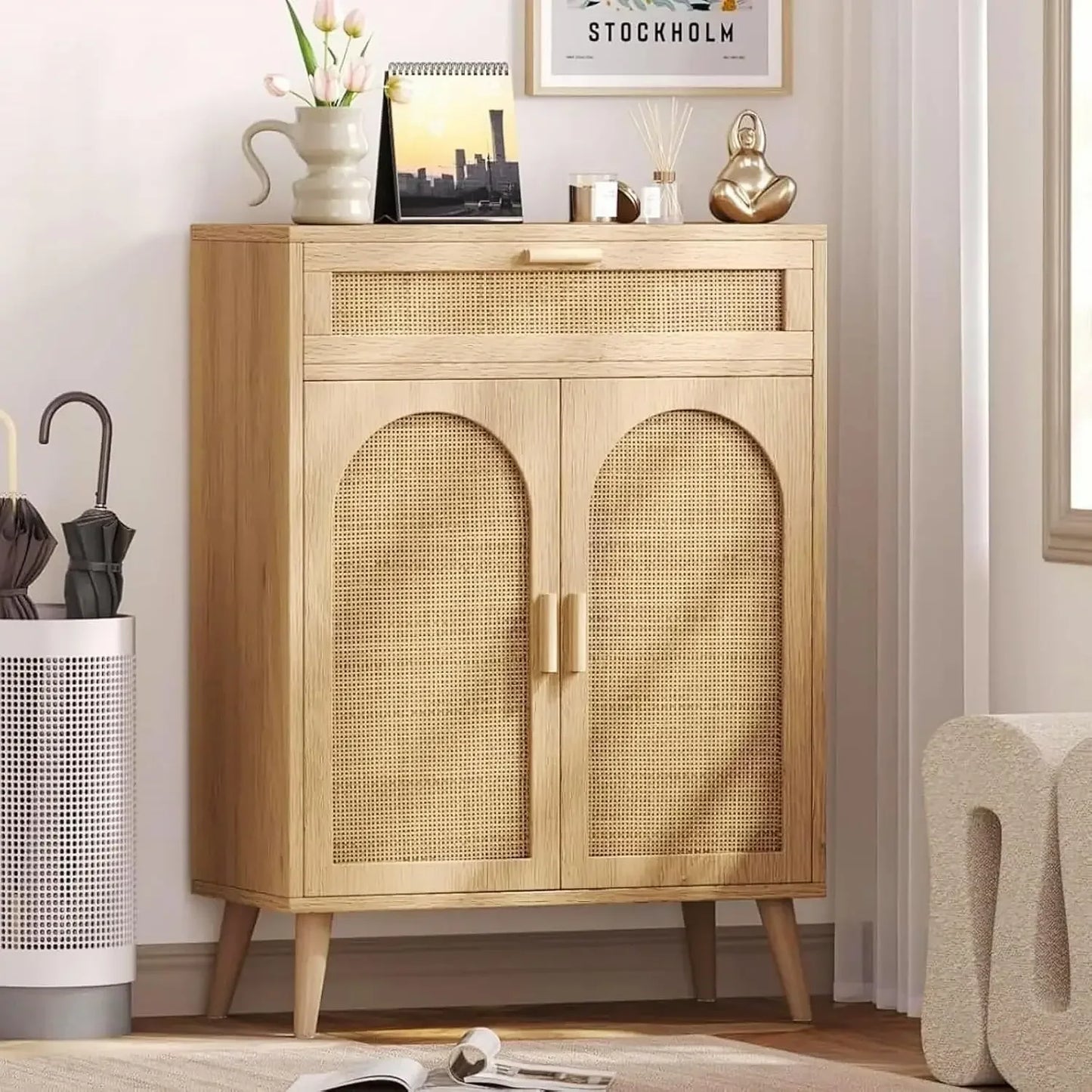 Rattan Storage Cabinet Buffet Sideboard Coffee Bar Accent Floor Cabinet
