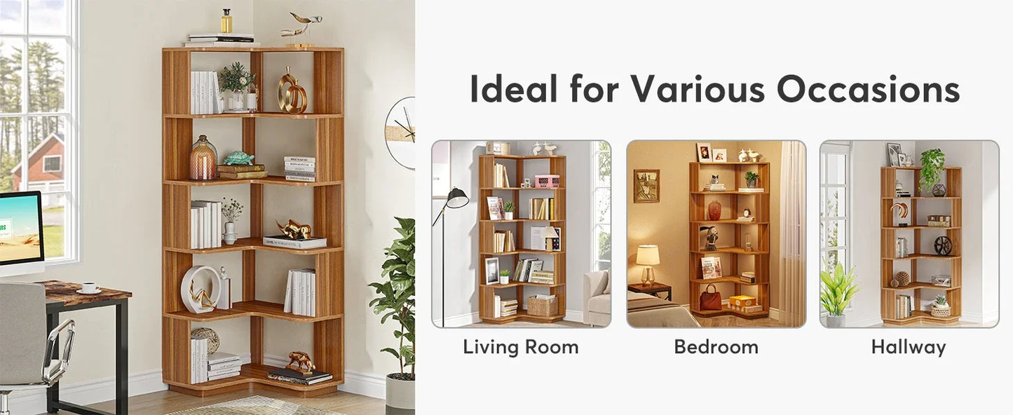 Ljustra 6 Tier Corner Bookshelf Industrial Wood Grain Bookcase