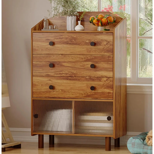 Modern Sideboard Buffet Cabinet with 3 Drawers and Fluted Glass