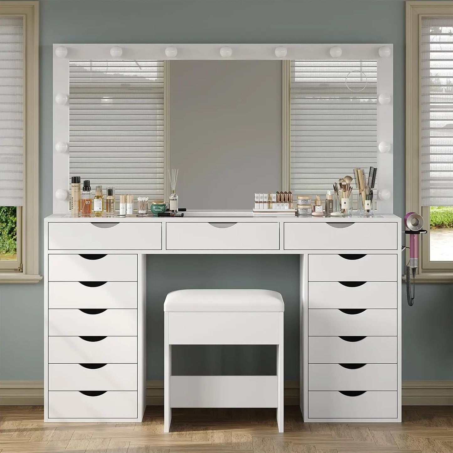 Vanity Desk with Mirror Lights Makeup Table Charging Station 15 Drawers