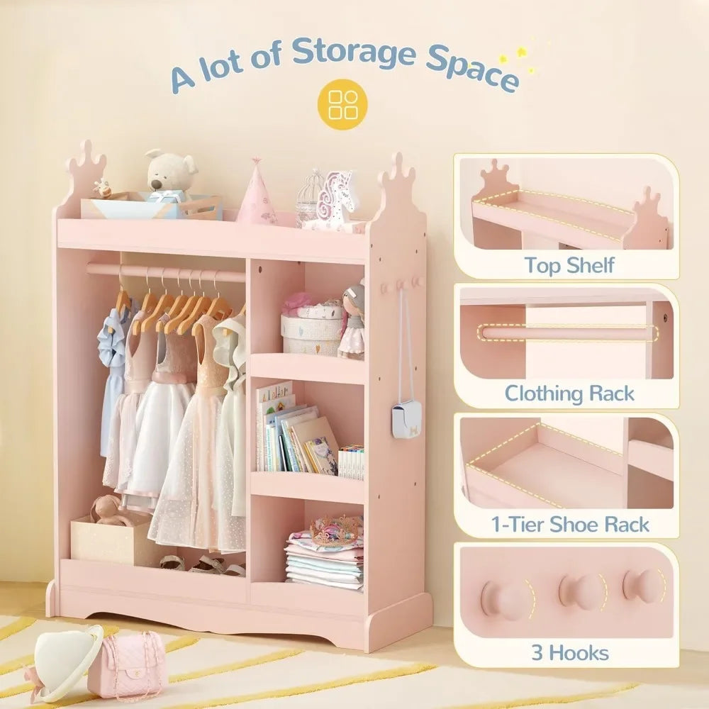 Kids Wardrobe with Mirror and Hooks Large Storage Closet Organizer