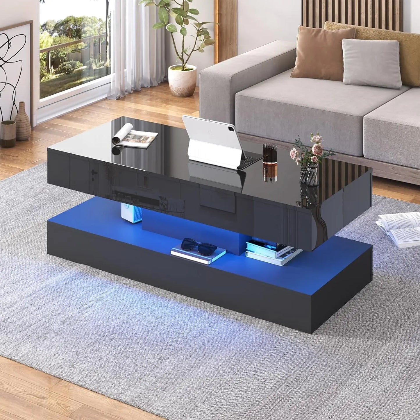 Modern Coffee Table with LED Lights Double-Layer Design Storage Drawers