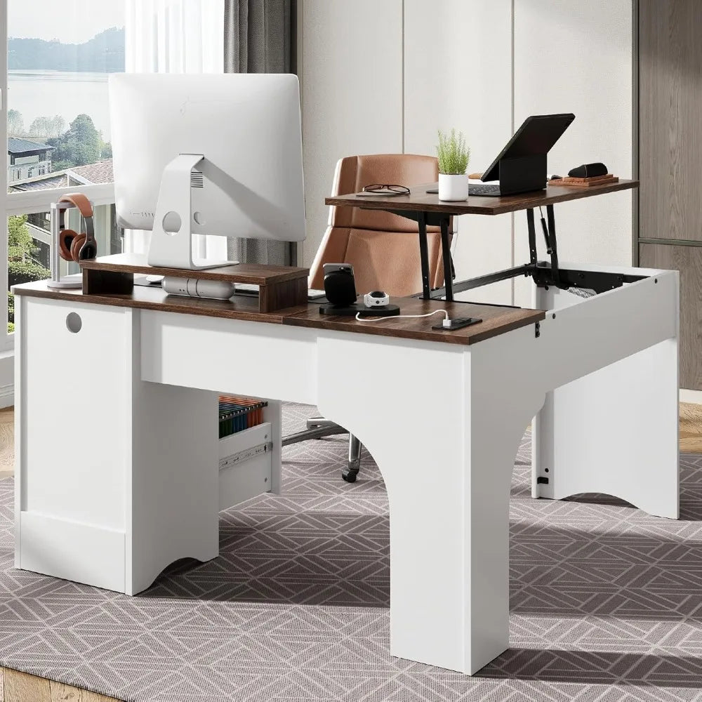 L Shaped Desk with Lift Top Modern Office Desk Fluted Panel Drawers