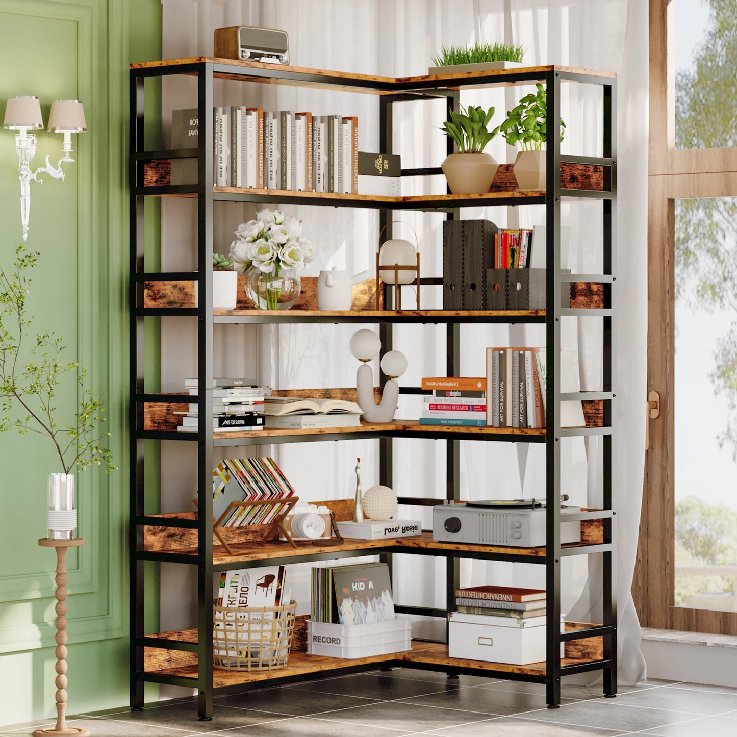 Ljustra Industrial 6 Tier Corner Bookshelf Etagere Metal Frame Storage Rack