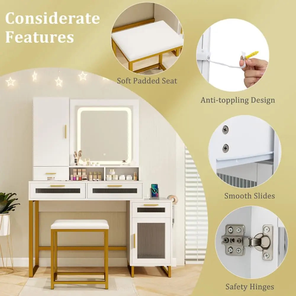 Makeup Vanity Desk Set Lighted Mirror with Stool Dressing Table