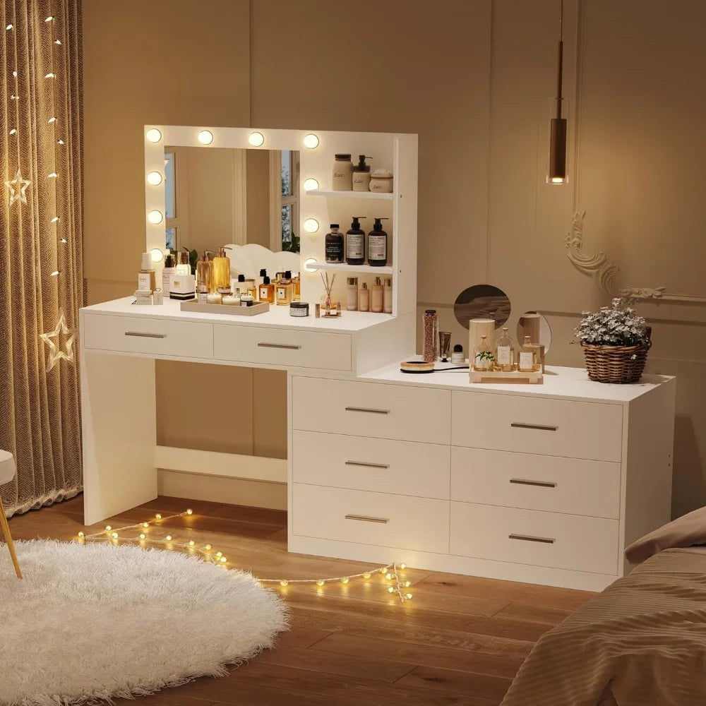 Ljustra 65 Inch Vanity Desk Lighted Mirror 8 Drawers Makeup Table