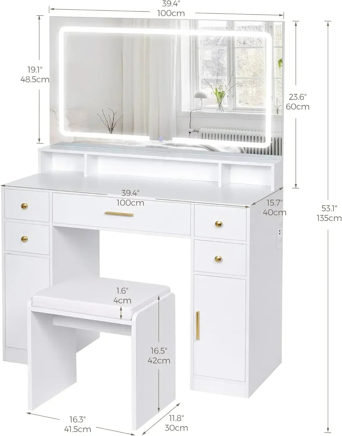 Vanity Desk Set LED Lighted Mirror Makeup Table with Storage and Stool