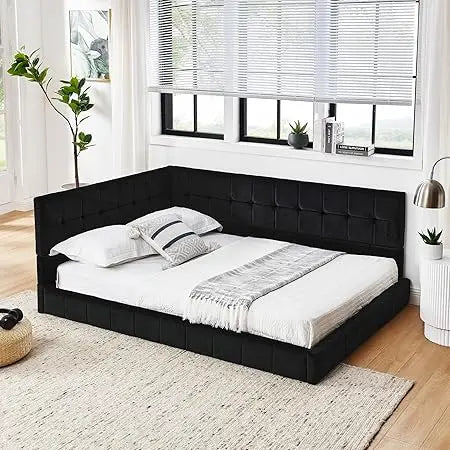 Full Size Corner Bed Frame Velvet Tufted L Shaped Daybed Modern Sofa