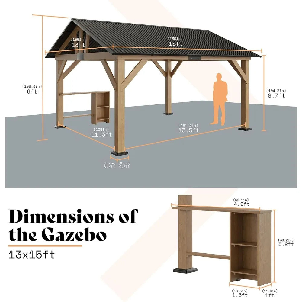 13x15 ft Spruce Wood Gazebo Outdoor Pavilion with Bar Storage