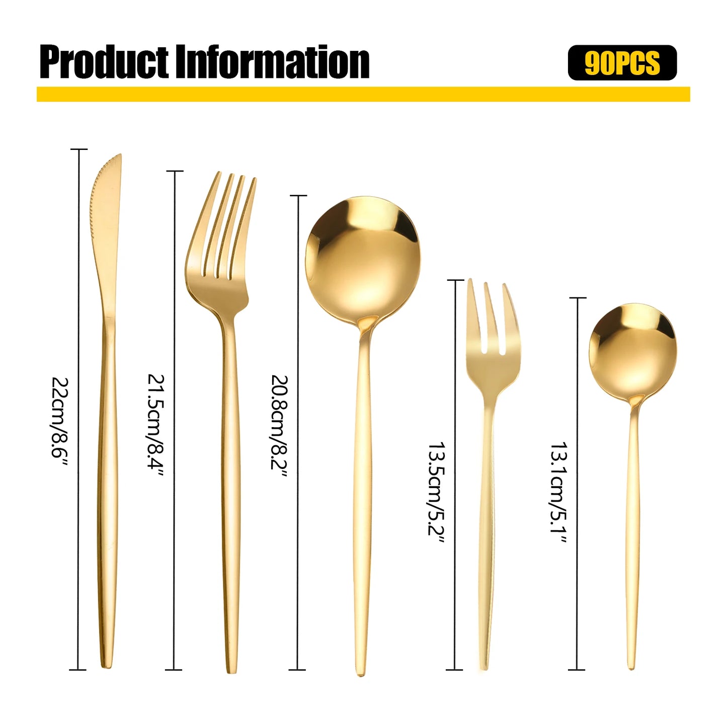 90Pcs Gold Stainless Steel Cutlery Set Heavy Duty Tableware Wedding Restaurant