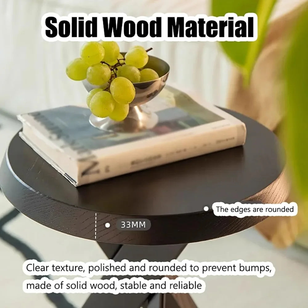 Round Coffee Table Solid Wood Rustic End Table with Crossed Legs