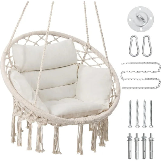 Macrame Hammock Hanging Chair with Cushion for Bedroom Porch Balcony
