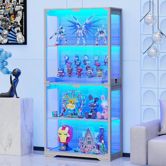 Display Cabinet Curio Case with 4-Tier Glass Doors and LED Lights