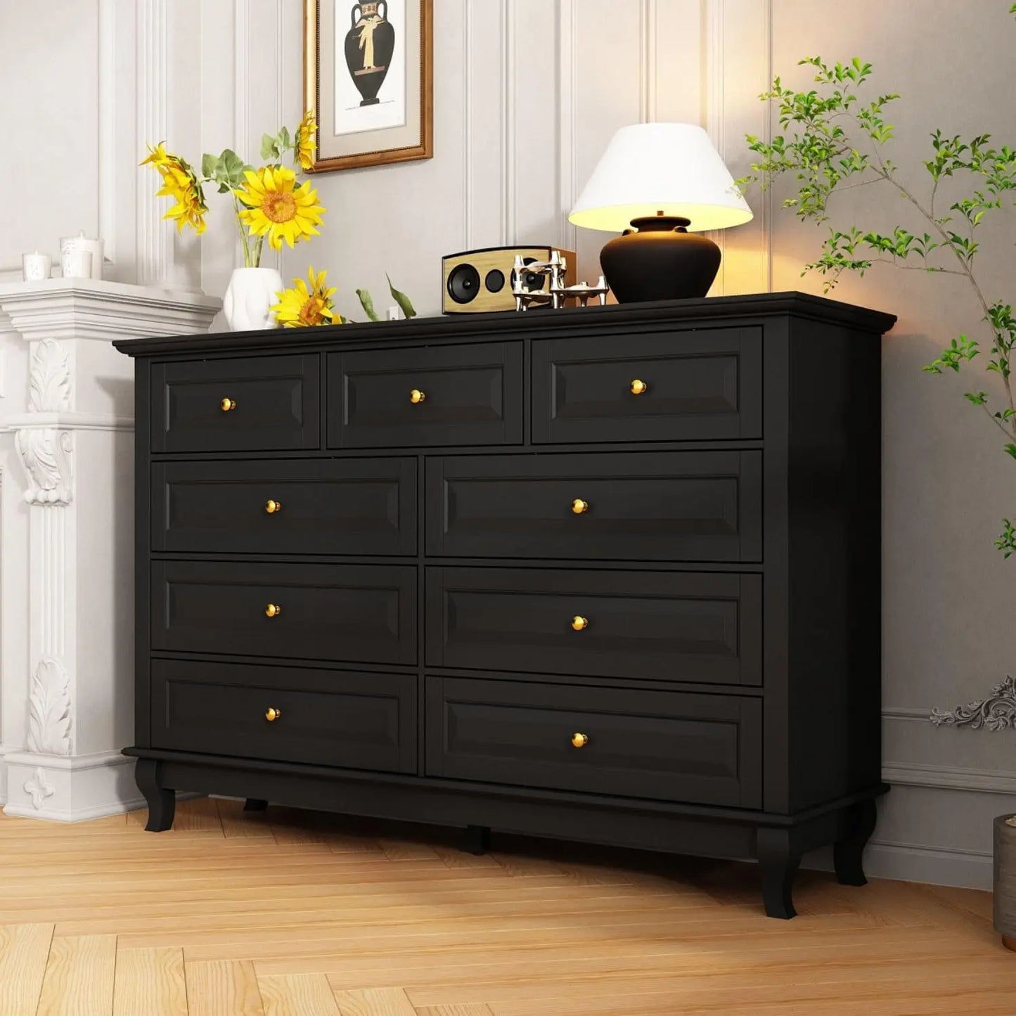 9 Drawer Dresser Modern Black Chest of Drawers Wide Storage for Bedroom