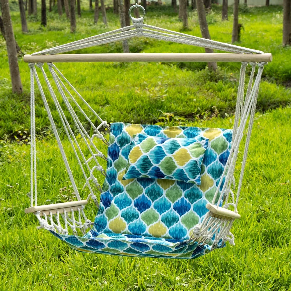 Hammock Chair with Pillow Wooden Arms Durable Poly-Cotton Indoor Outdoor