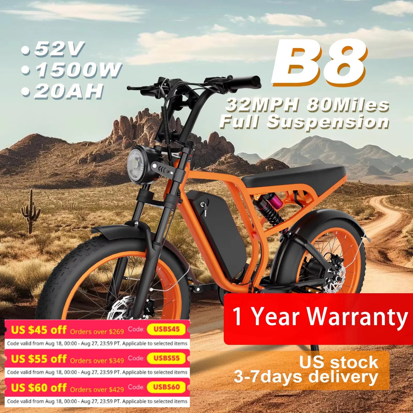 B8 Electric Bike 1500W Motor 32MPH 80-Mile Range Removable Battery