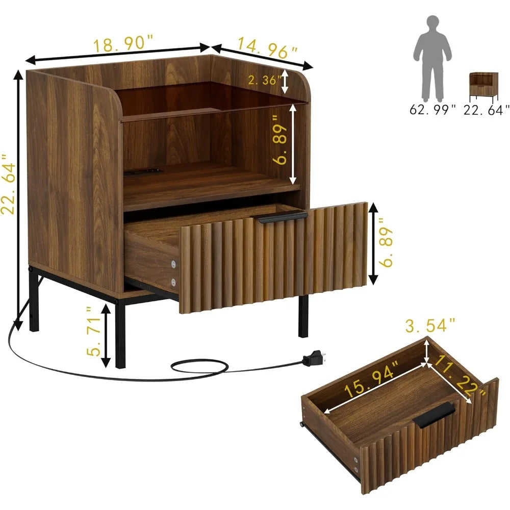 Mid Century Modern Nightstand with Charging Station and Glass Top