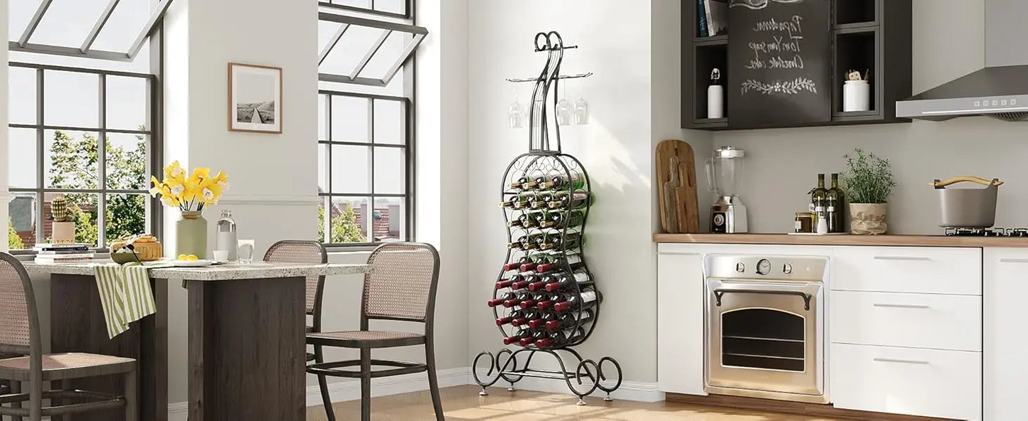 Freestanding Wine Rack Storage for 32 Bottles with Glass Holder