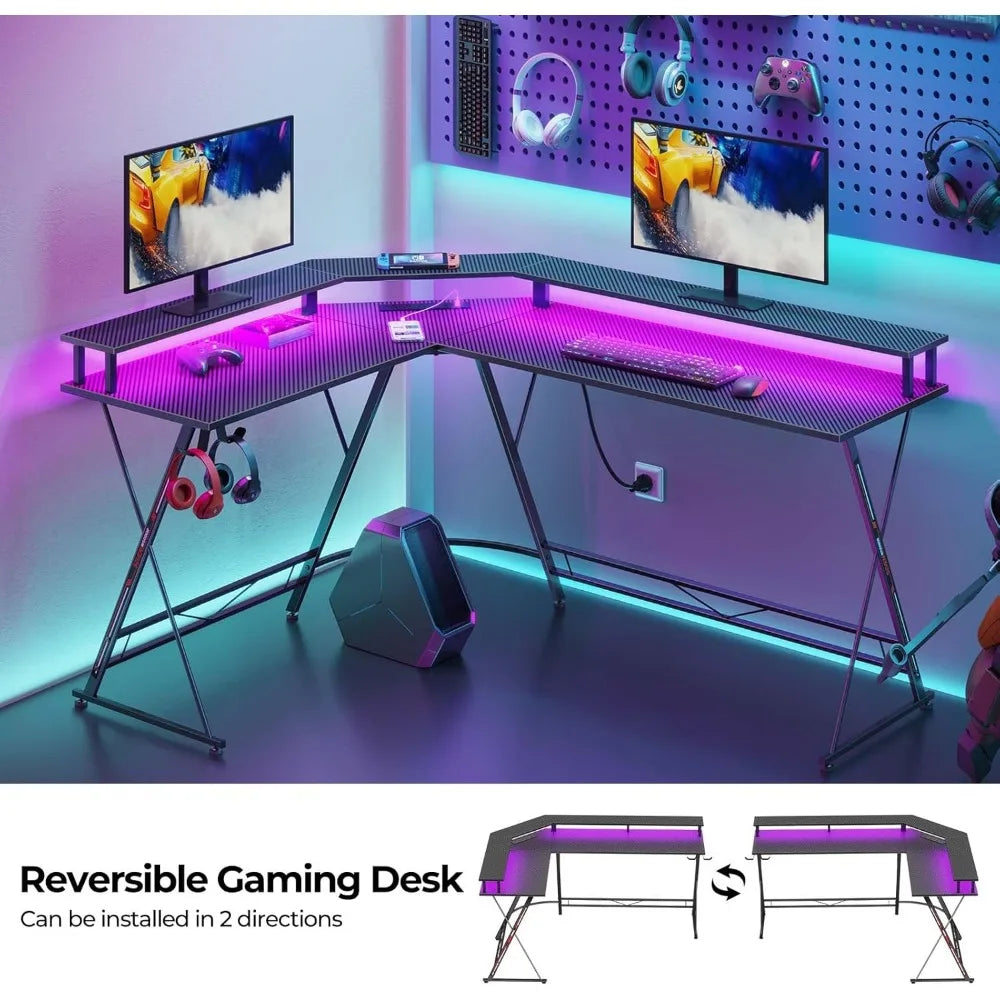 L Shaped Gaming Desk with LED Lights Power Outlets Monitor Stand