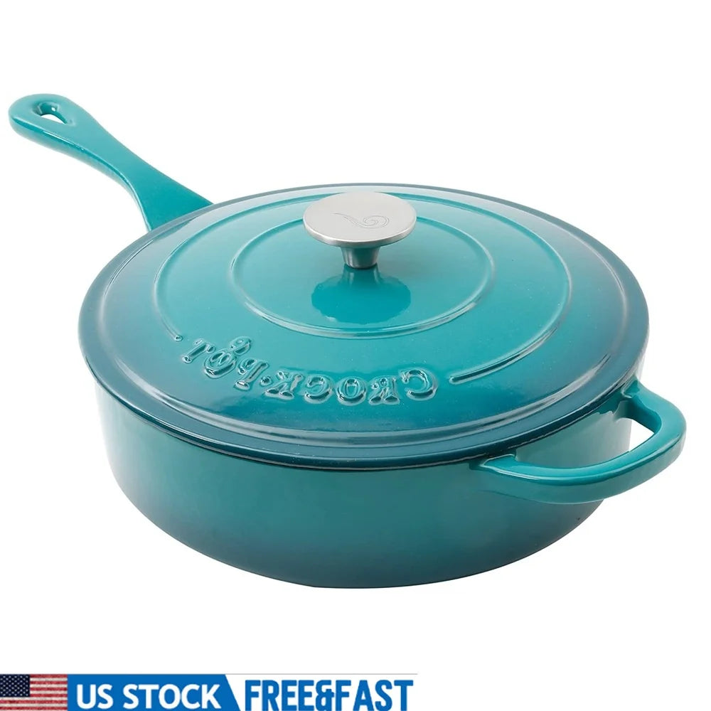 Enameled Cast Iron Skillet with Lid Nonstick Heavy Duty Cooking Pan