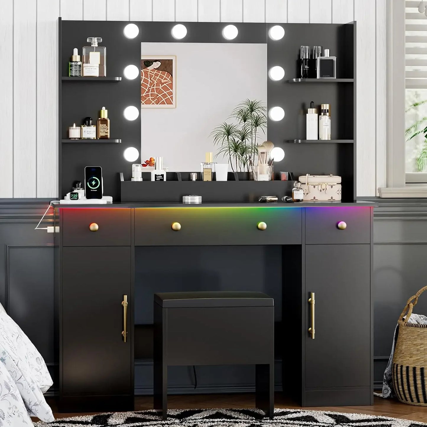 Vanity Desk with Mirror and Lights 43 Inch Makeup Table with Chair