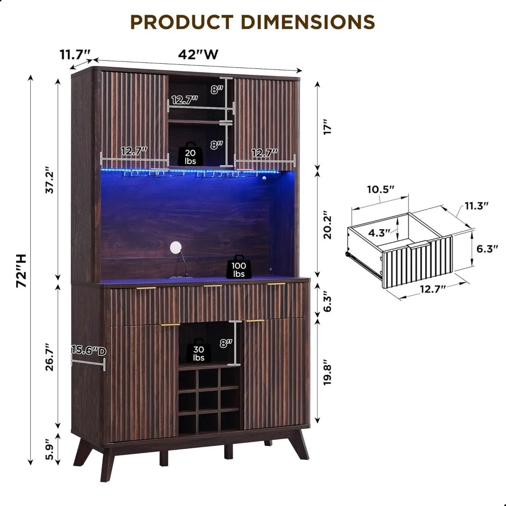 72 Inch Modern Wood Wine Bar Cabinet Storage Hutch with LED Lights