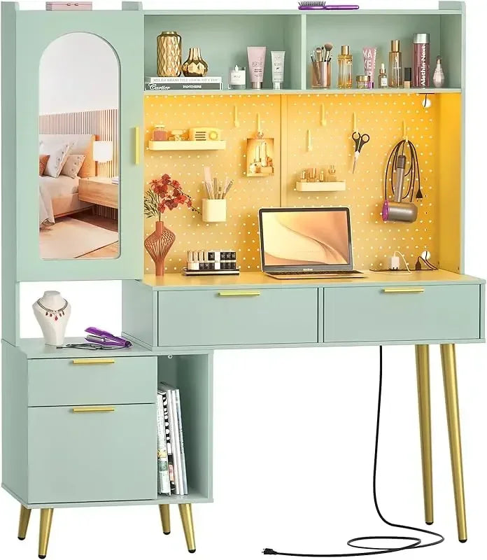 Ljustra 48 Inch Makeup Hutch Modern Charging Station and LED Vanity Table