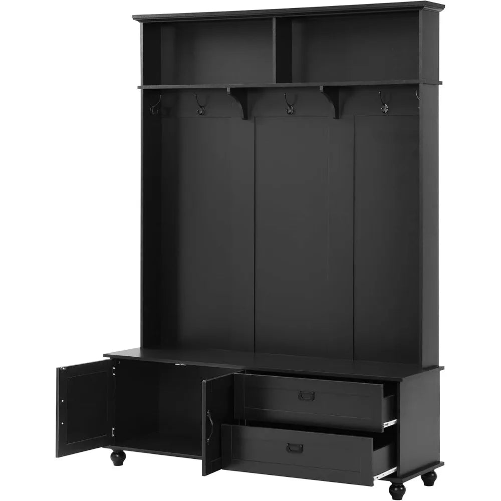 Rustic Hallway Tree with Cabinet and Shelves for Entryway Organization