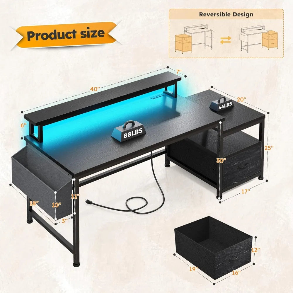 Computer Desk with Power Outlets LED Lights Spacious Office Storage
