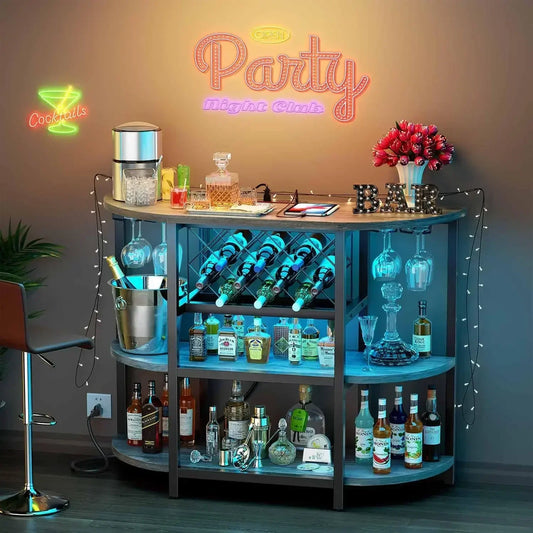 Ljustra Mini Bar Cabinet with Power Outlet LED Storage Wine Stand