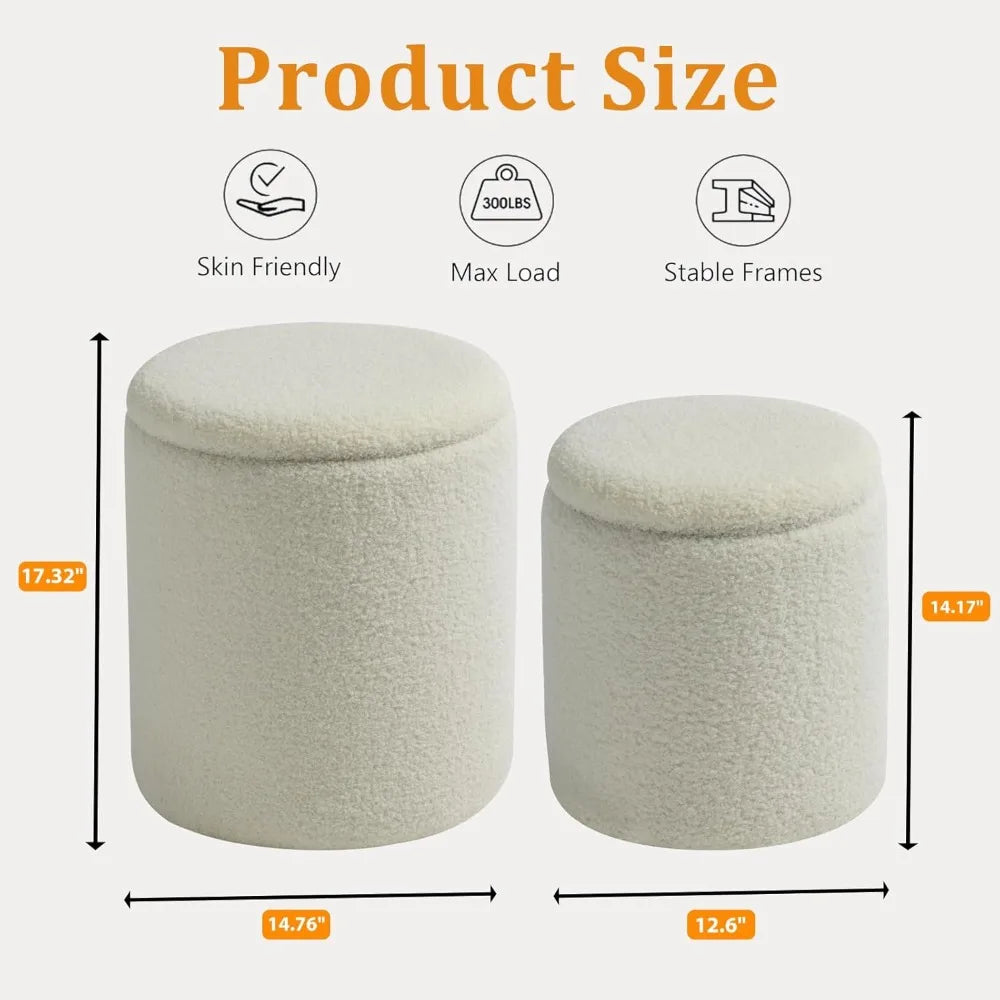 Round Set of 2 Ottoman Storage Multifunctional Chair for Living Room Bedroom