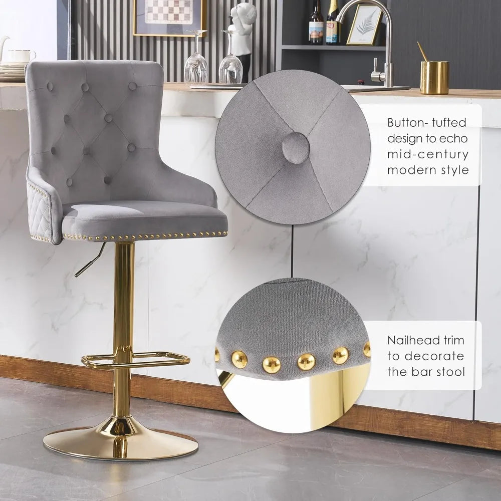 Velvet Gold Barstools Set of 2 Adjustable Swivel Modern High Back