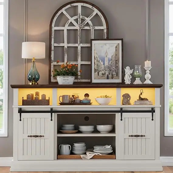 Sideboard Buffet Cabinet 58" Sliding Barn Doors LED Lights Farmhouse Decor