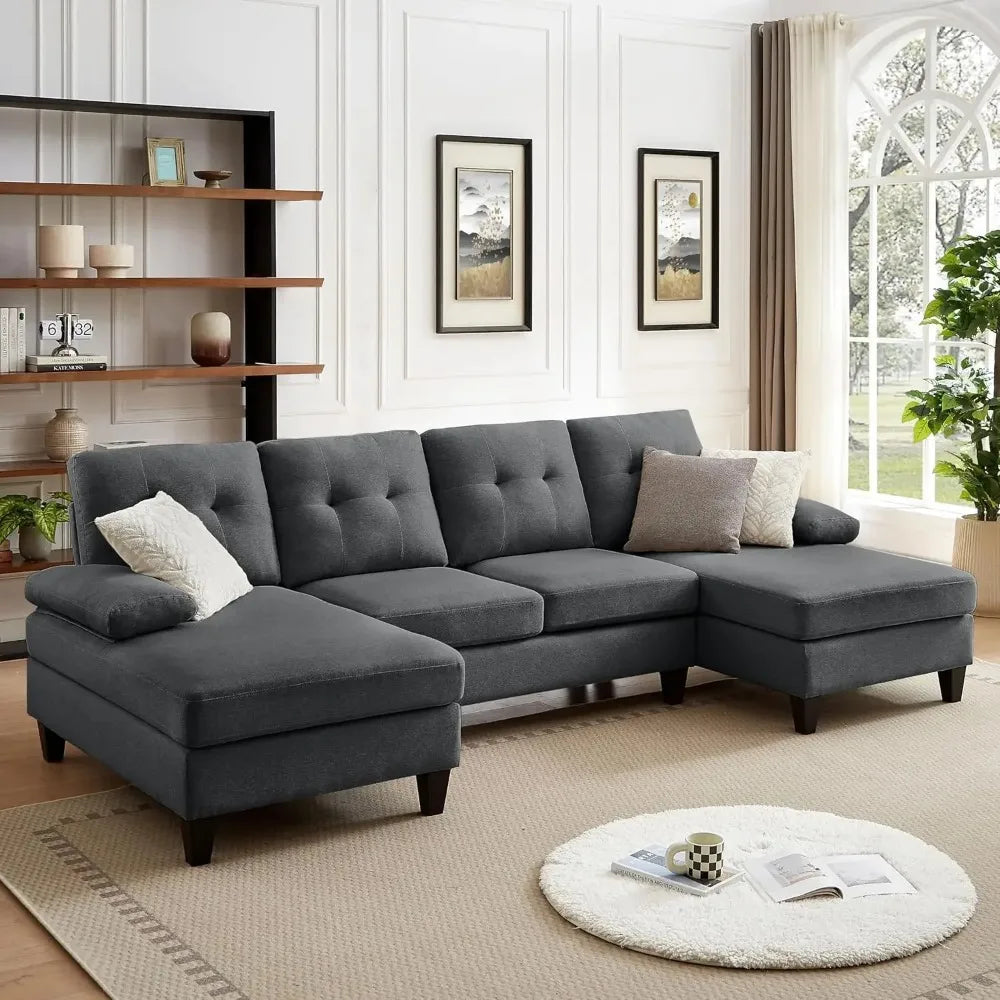 Modern U-Shaped Sectional Couch Polyester 4-Seater Double Chaise
