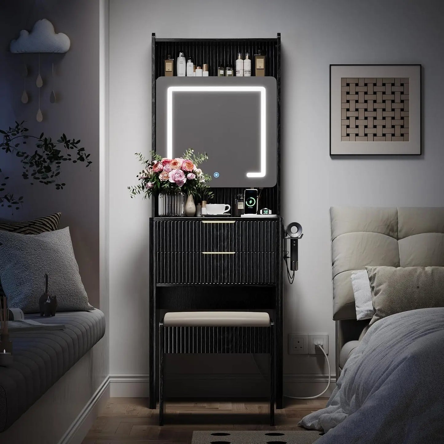 Black Vanity Desk with Mirror LED Lights Charging Station Makeup Table