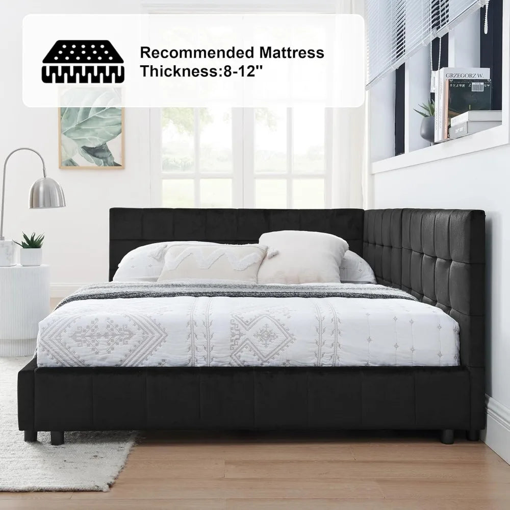 Full Size Corner Bed Frame Velvet Tufted L Shaped Daybed Modern Sofa