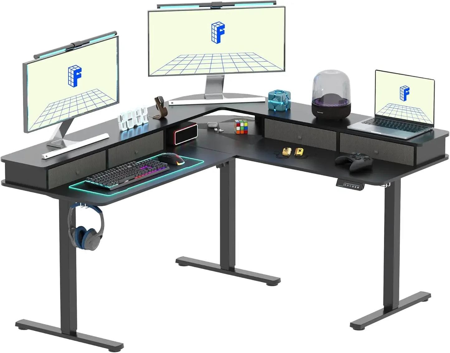 63 Inch L Shaped Electric Standing Desk with 4 Drawers and Shelf