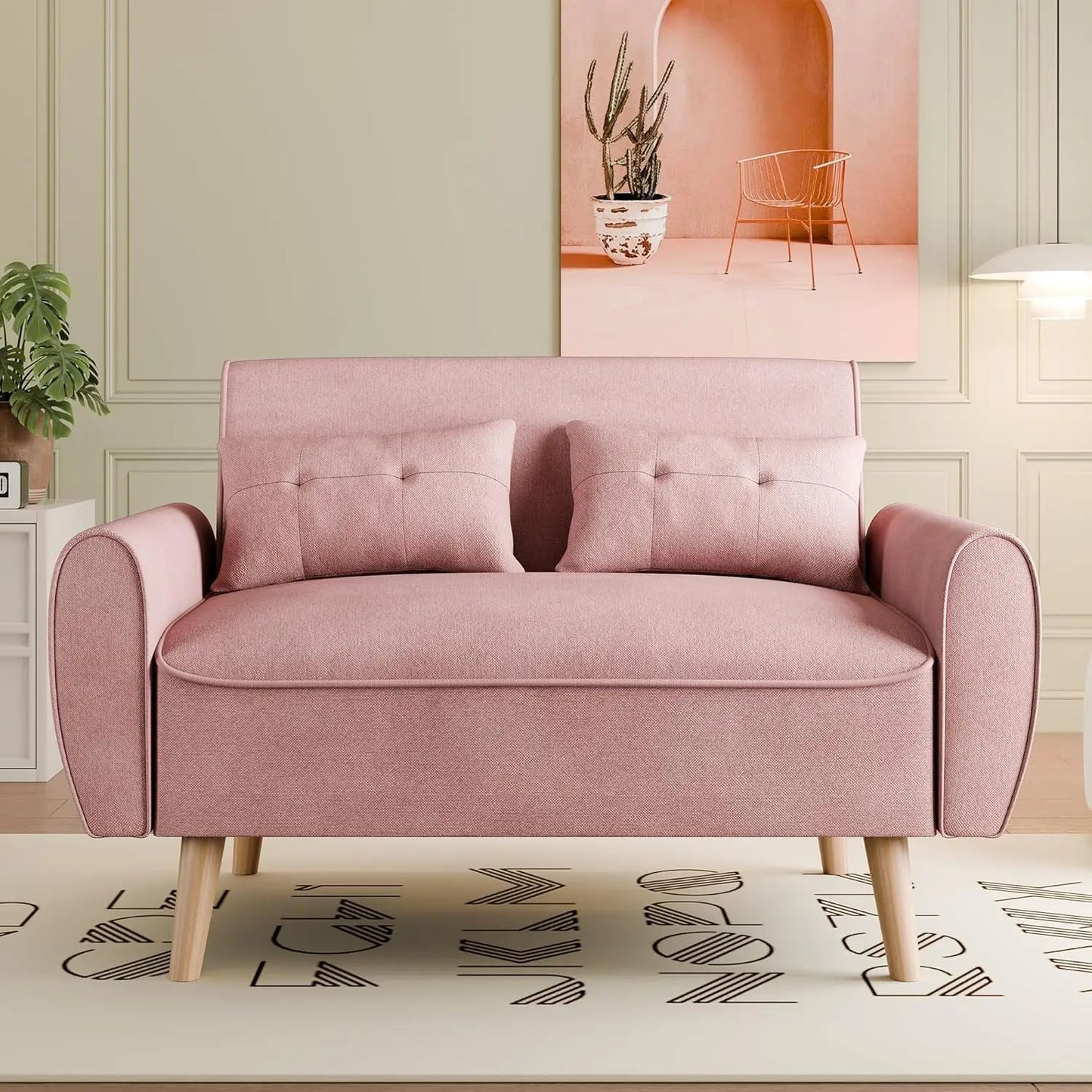 Modern Loveseat Sofa Mid Century Linen Fabric Tufted Couch Living Room