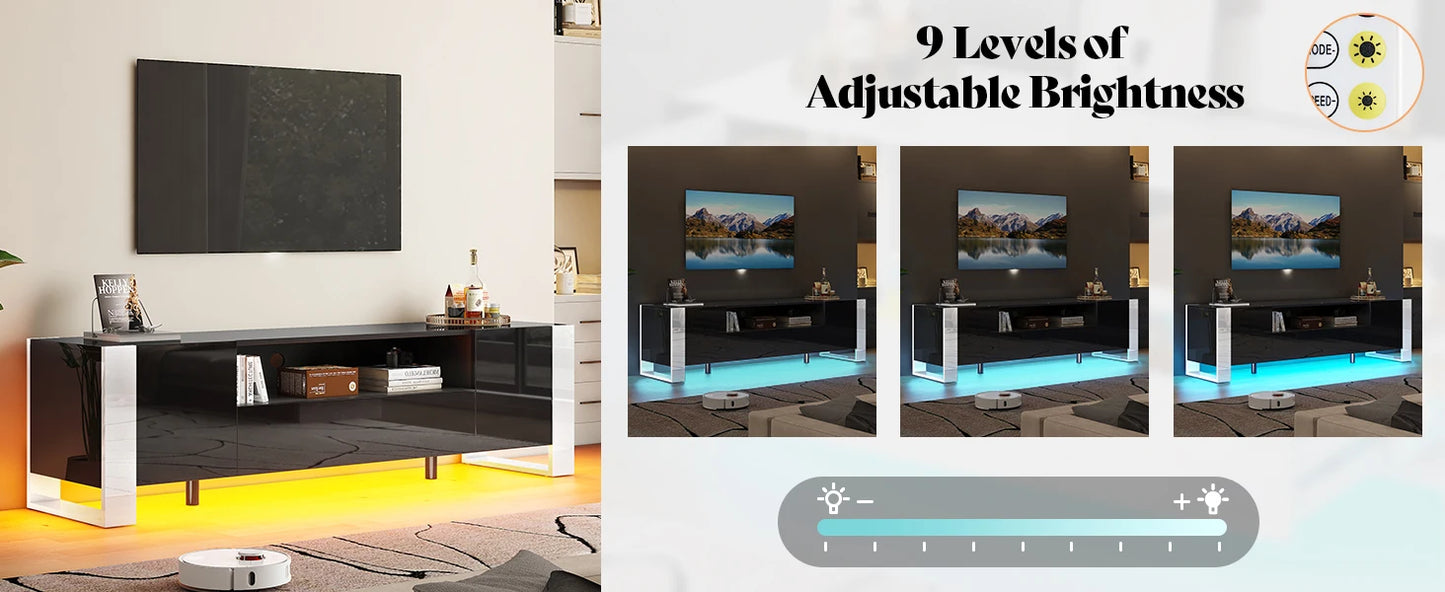 Modern 70 Inch TV Stand with LED Lights High Gloss Entertainment Center
