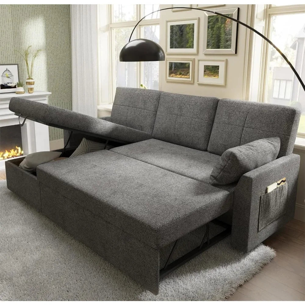 Modern Sleeper Sofa Bed with Storage Chaise & Pull-Out Couch | Bouclé Fabric 84” L-Shaped